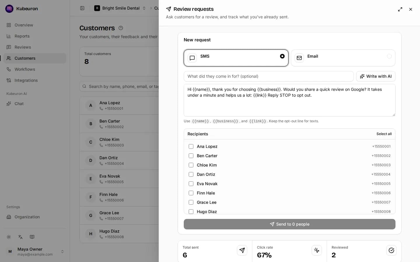 The review requests drawer: customers to ask, channel and message