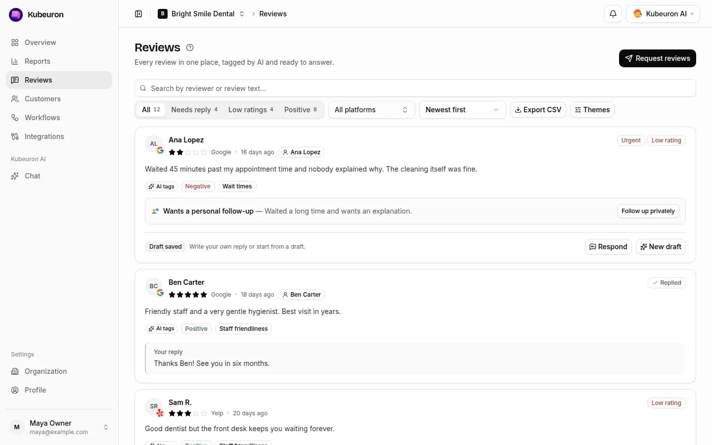 Reply to every review in minutes with AI drafts in your voice
