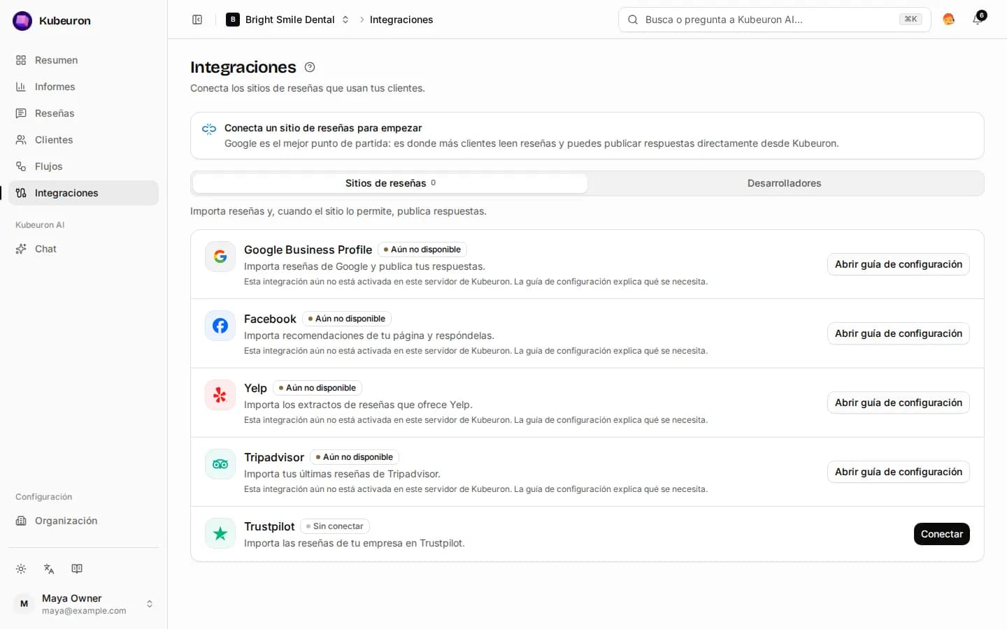 La página de integraciones con los sitios de reseñas que puedes conectar