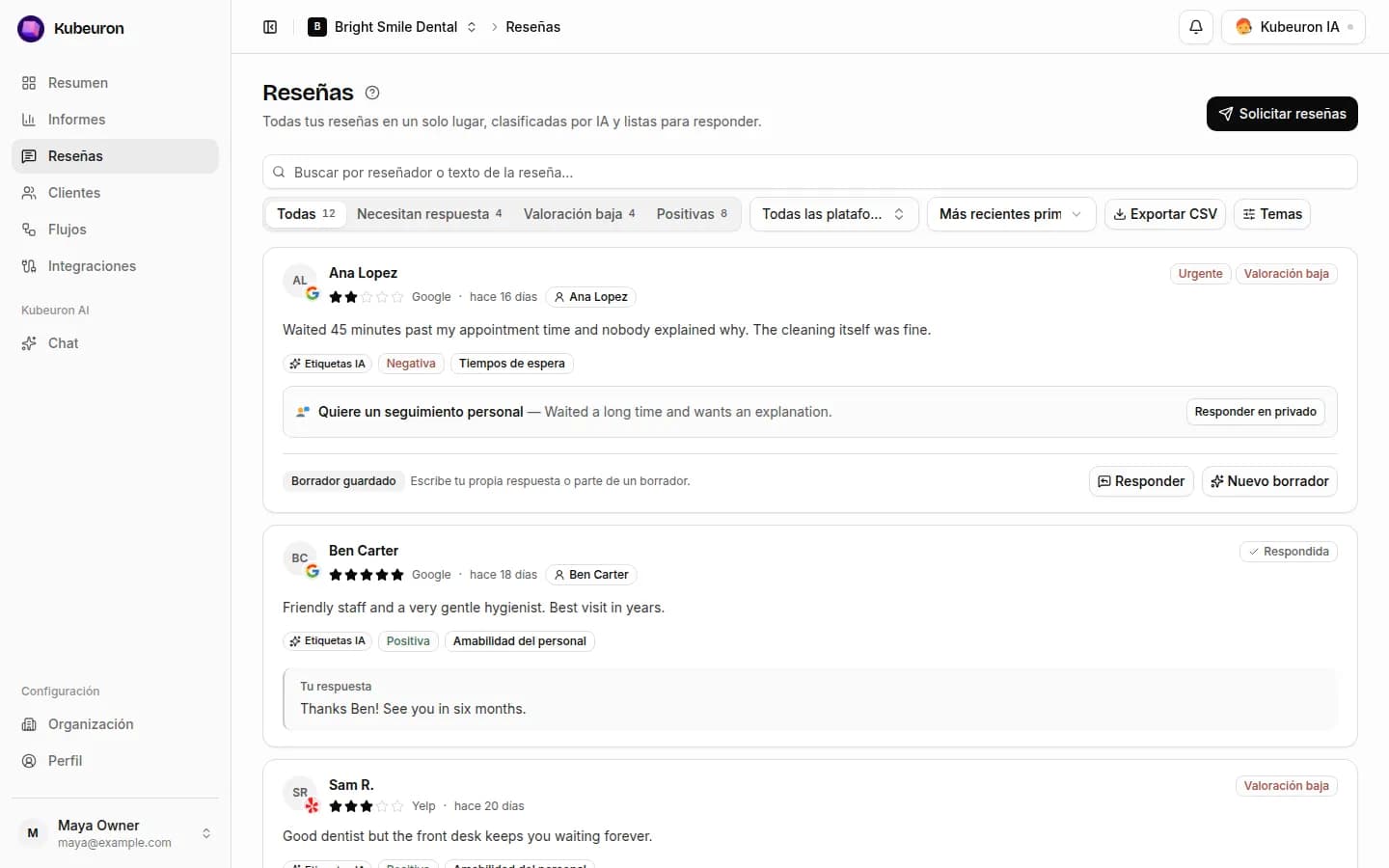 Responde a cada reseña en minutos con borradores de IA con tu estilo