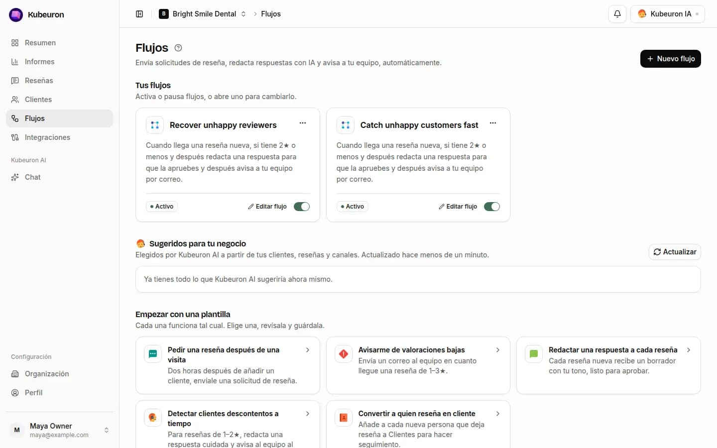 Automatiza solicitudes de reseña, borradores de respuesta y avisos