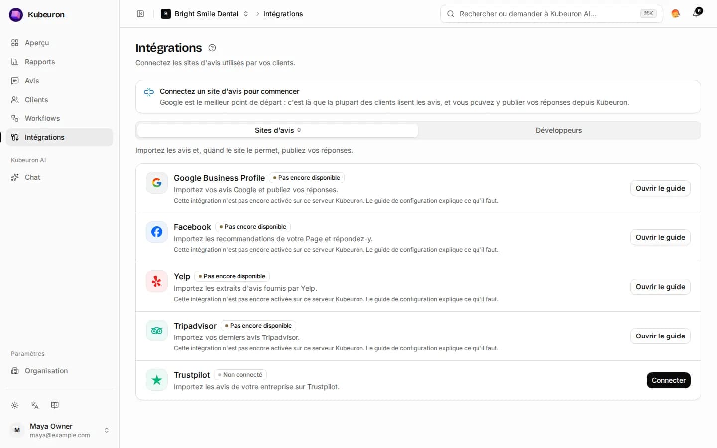 La page Intégrations avec les sites d'avis à connecter