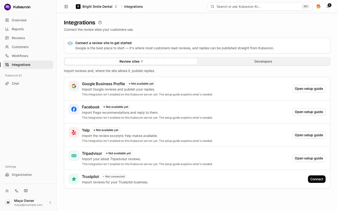 The Integrations page with the review sites you can connect